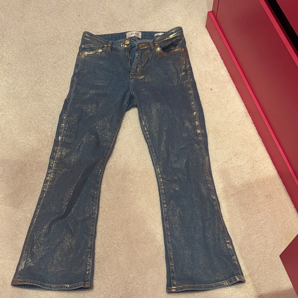 Frame Denim Blue and Gold Flare Jeans